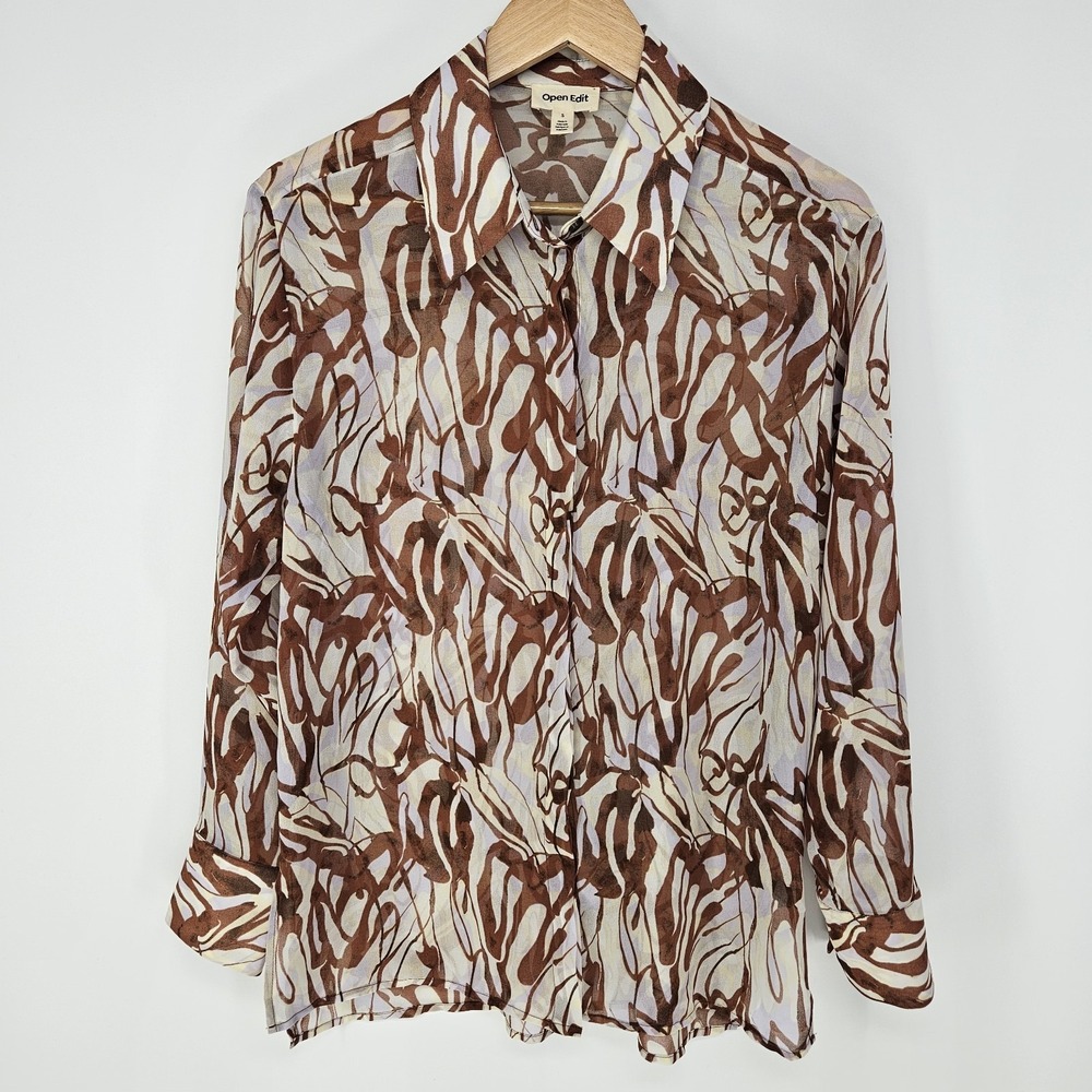 Open Edit Small Brown Abstract Zebra Print Long Sleeve Button Down Shirt Classic